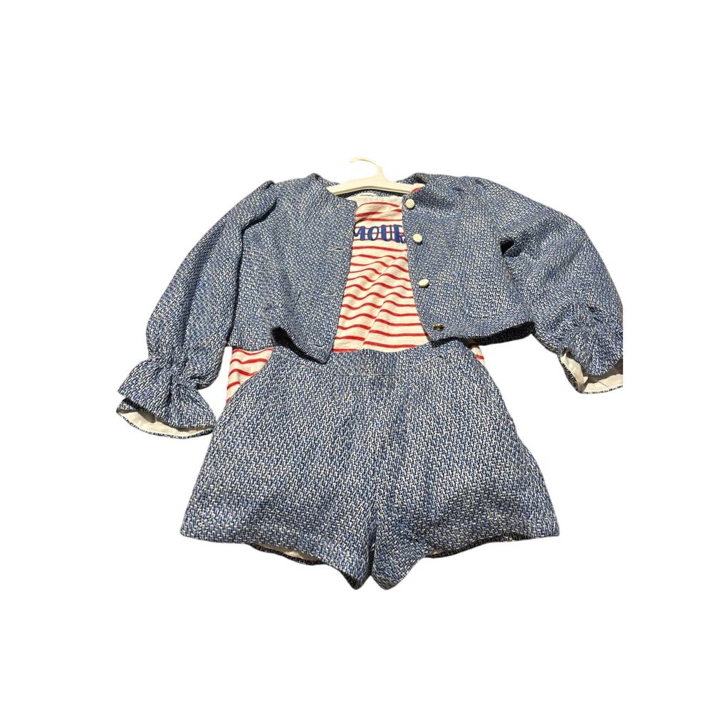 Janie & Jack 8 jacket shorts t set blue puffed sleeve tweed Amour t shirt euc